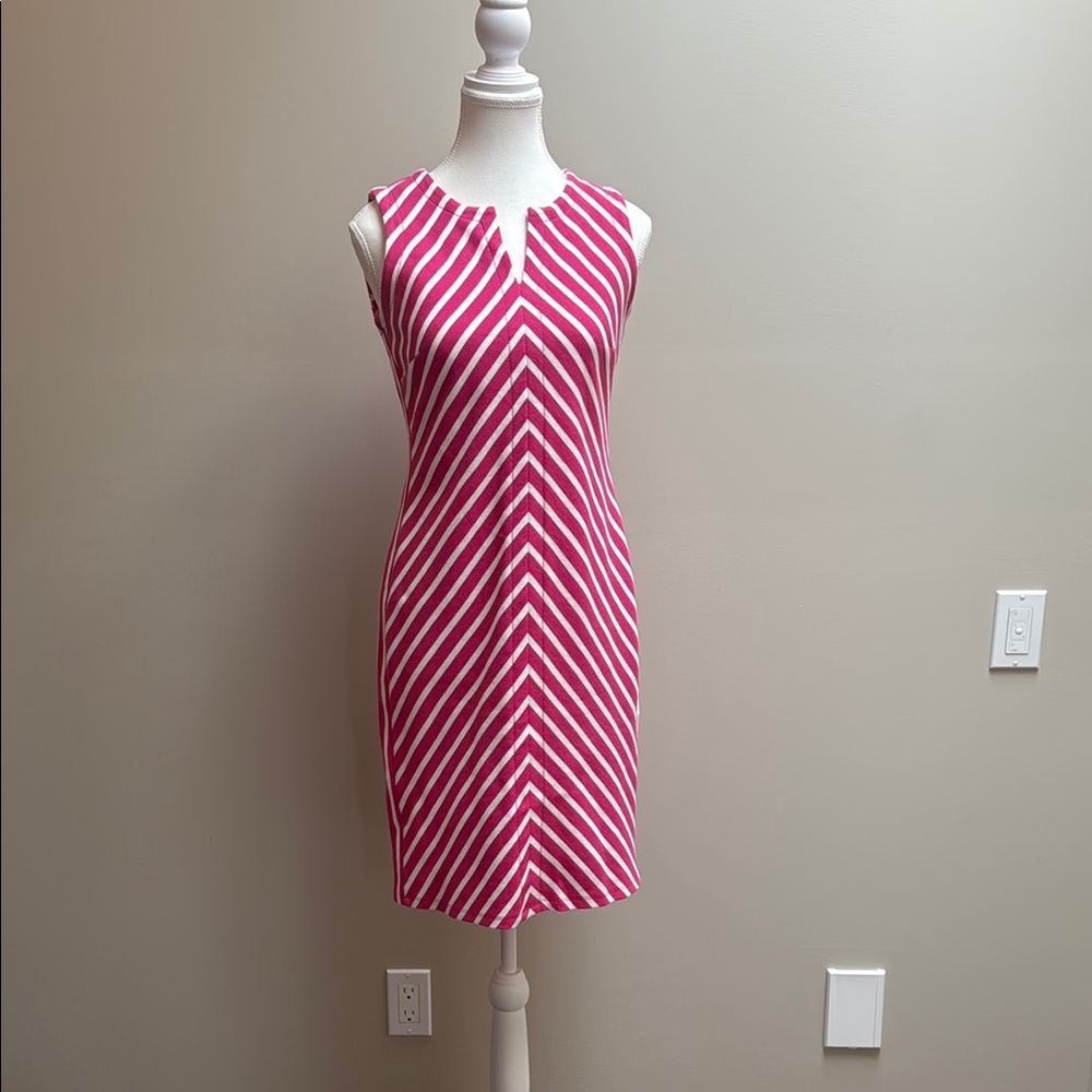 Talbots Pink and White Sheath Midi Dress V-Neck Sleeveless